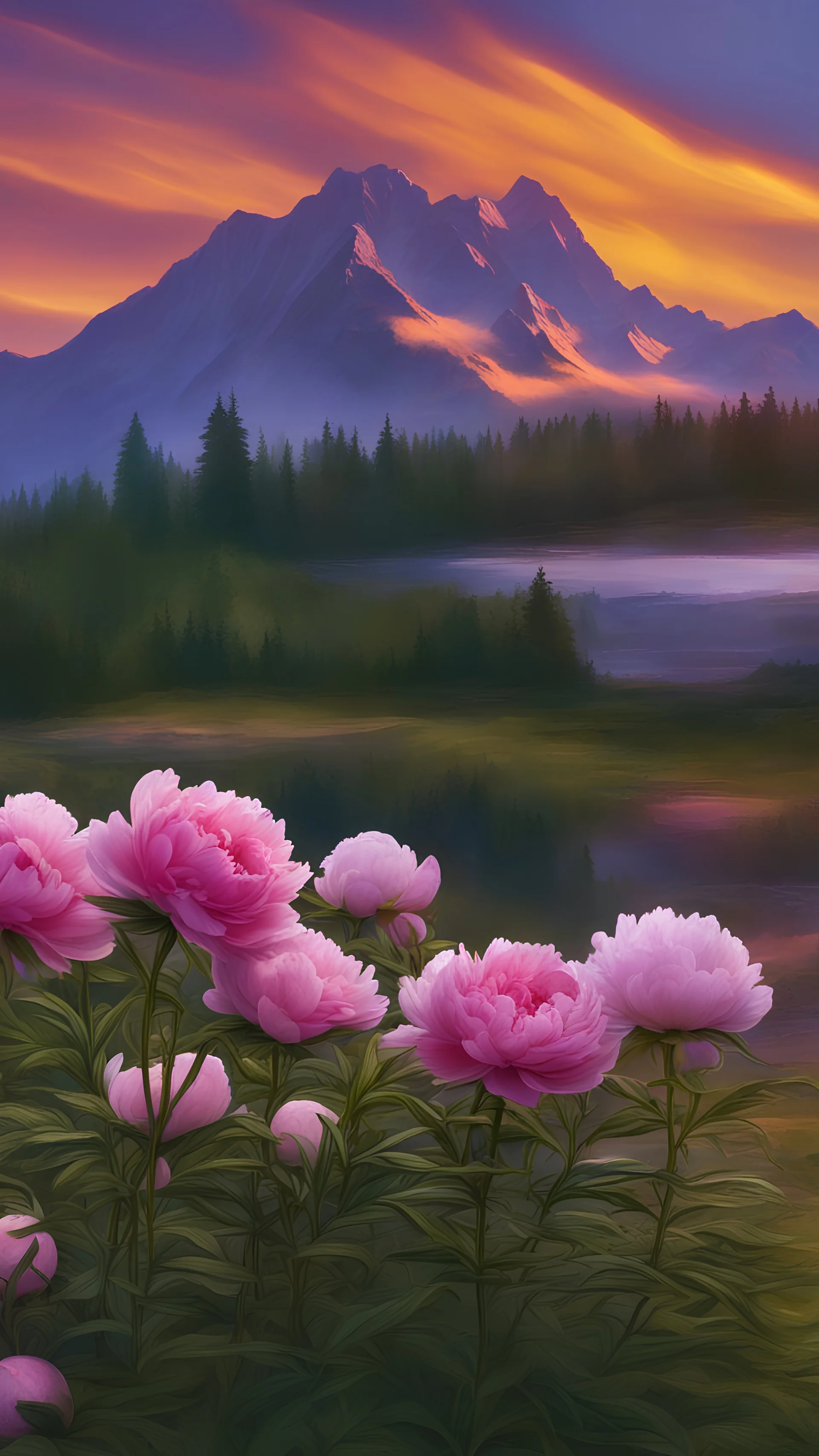 Peonies in an open field with sun rays in different colors and sizes with a background of mountains and lakes