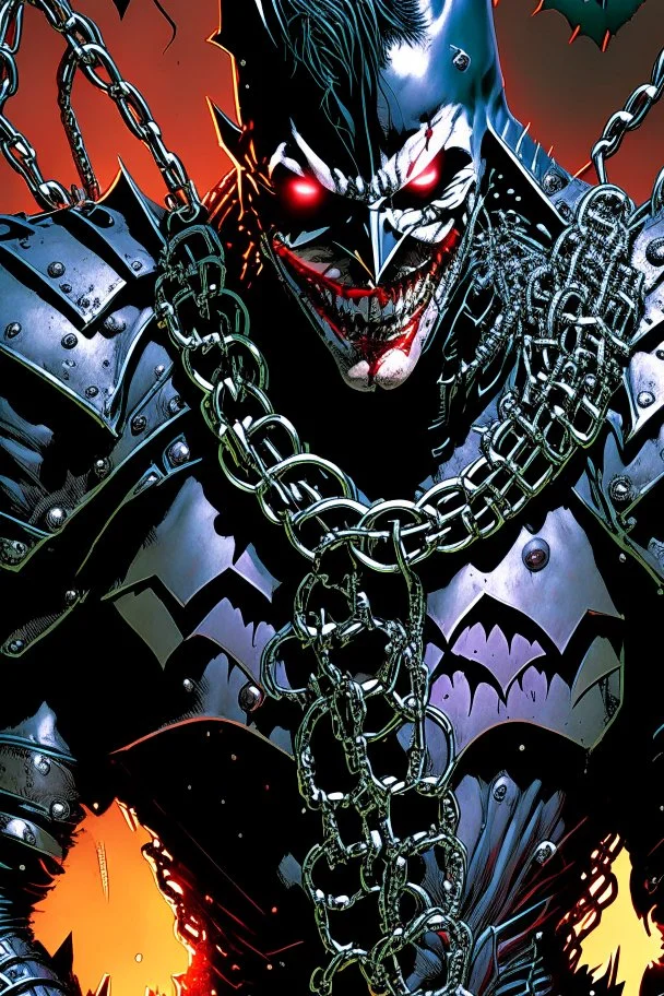 a close up of a person holding chains, the batman who laughs, jason fabok. greg staples, arkham city, gabriele dell'otto, joker wearing vader's armor suit, by Ryan Stegman, joker wearing vader's armor, david tennant as spawn, as illustrated in top cow comics, grotesque joker, venomized, jason fabok