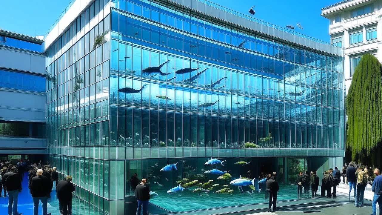 Exterior of a rectangular building similar to a large glass fish tank where a large shark with open jaws and a large number of species of fish swim inside. Externally, people observe the large fish tank fearfully and astonished.