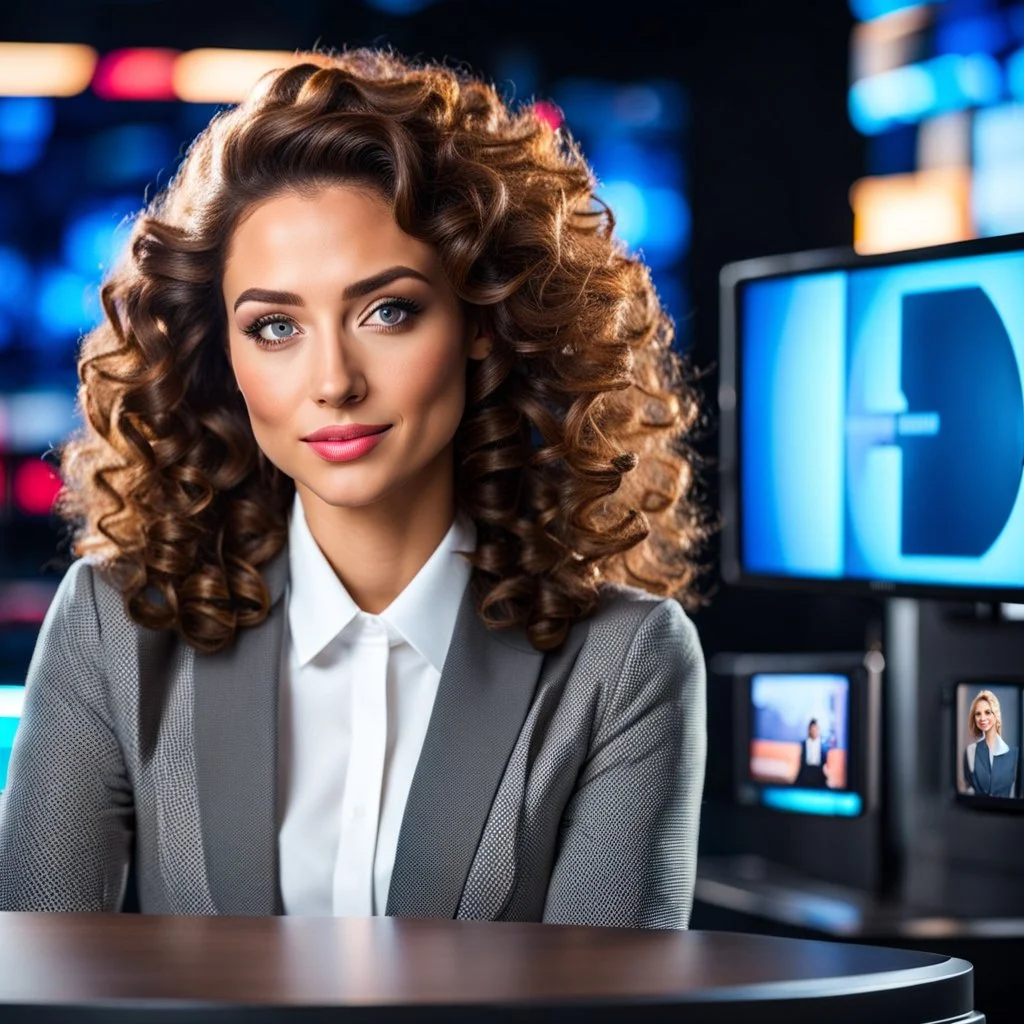 amodern tv studio a beautiful girl perfect face curly hair in official clothing sitting next to desk presenting news looking at camera, with picture of an old man in tv screen at background