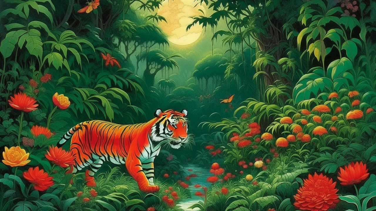 A tiger prowls through a lush jungle filled with dense foliage, vibrant red and yellow flowers, and tall trees. In the background, three figures carrying spears walk through the undergrowth, and a full moon shines in the night sky. A bird perches on a branch in the upper center of the image. The scene is rendered in a naive, dreamlike style with bold colors and flattened perspective.