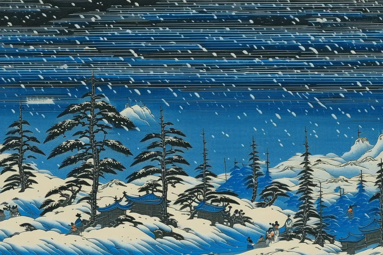 A dark blue tundra in winter season with falling snowflakes painted by Utagawa Hiroshige