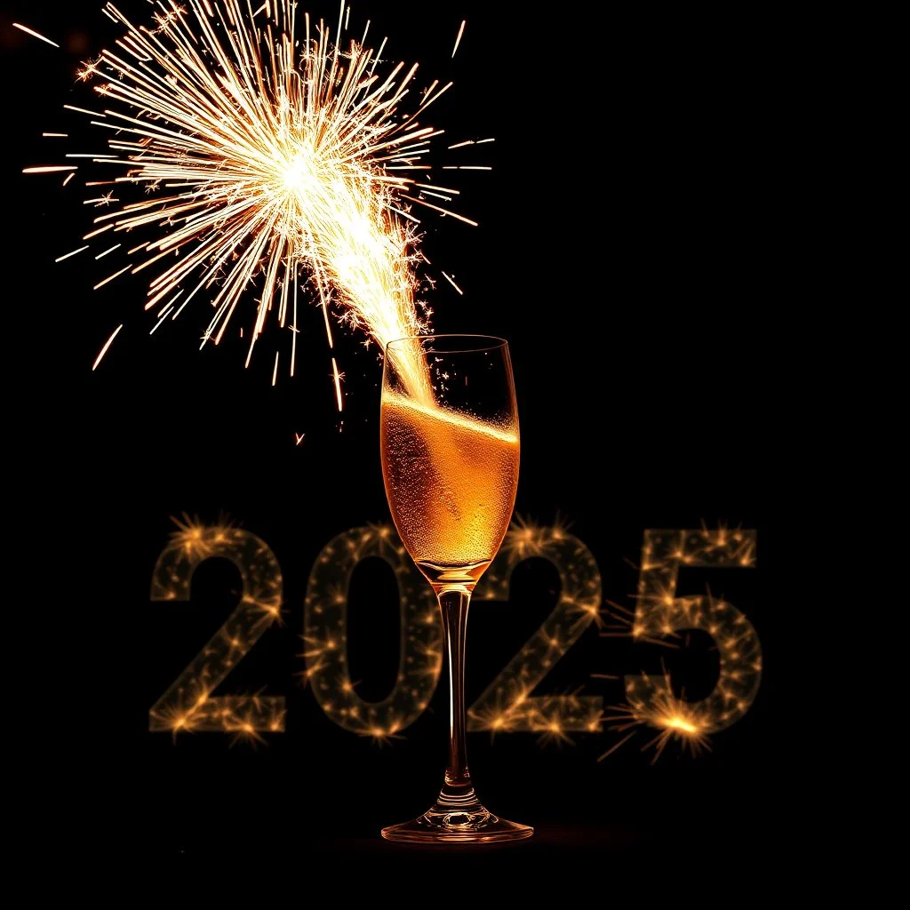 Surreal champagne glass bursting with fireworks, concept art, minimalism, dark background, brilliant firework exploding, text "2025" in double exposure big block letters in the background