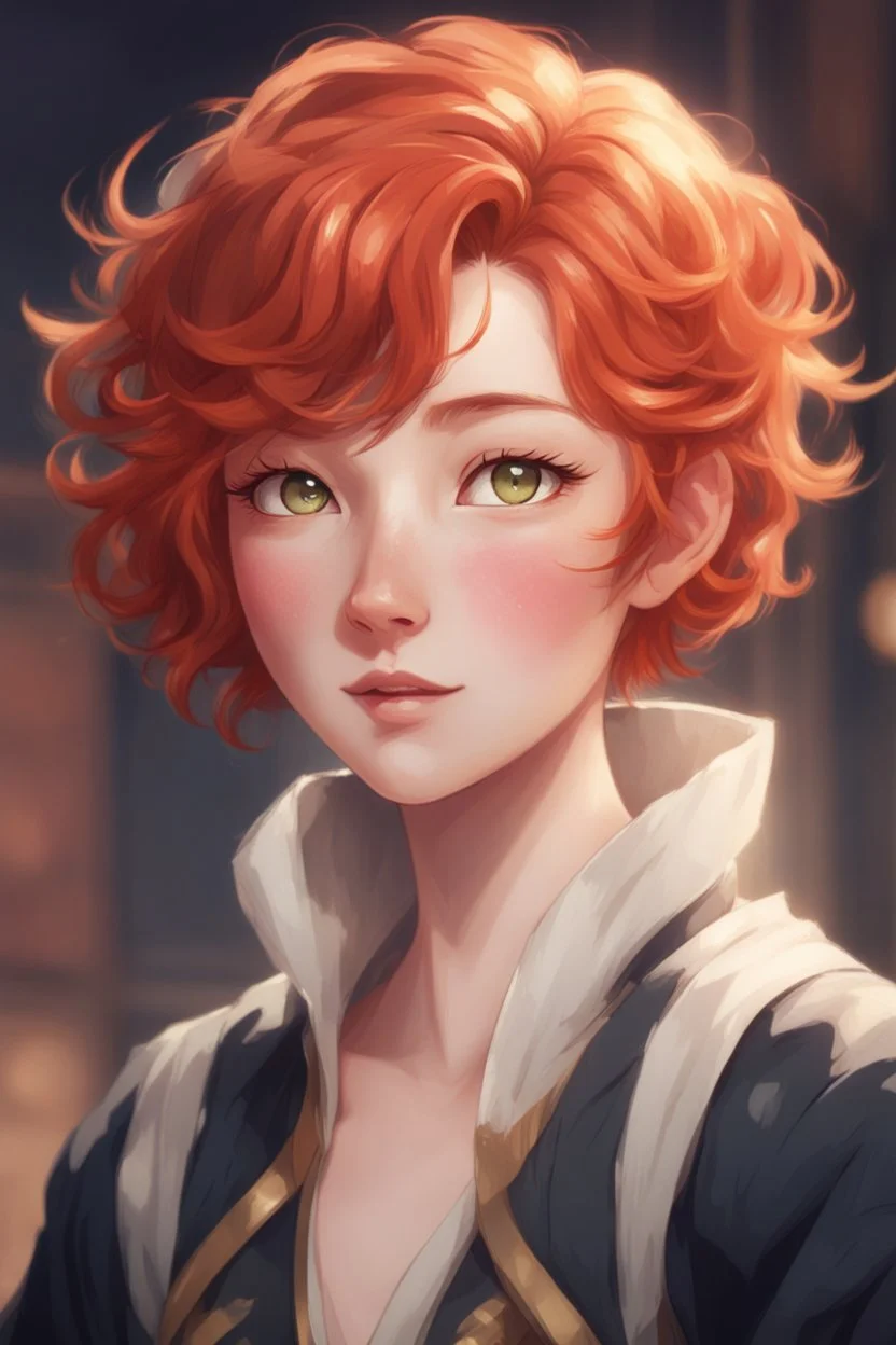 A short girl with thick short wavy red hair, narrow kind eyes with an enthusiastic look. A wide oval face is decorated with an upturned nose and small lips, genshin impact style