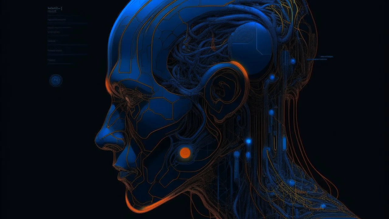 A digital brain by Moebius. Style is cyberpunk with a dark background and blue and orange colors.