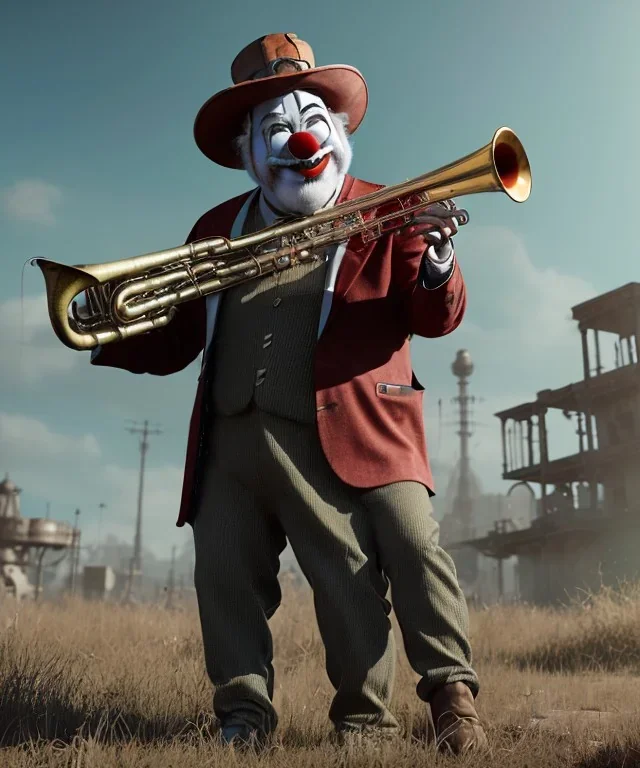 mechanoid old friendly fat clown with trimmed beard playing jazz with a steampunk theme, trumpet, realistic