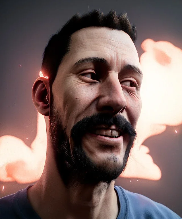 Realistic image, waist up view, a guy making the fuck you gesture with his hand, blue smoke coming out of his eyes, nose and mouth. Happy, smile, soft color, highly detailed, unreal engine 5, ray tracing, RTX, lumen lighting, ultra detail, volumetric lighting, 3d, finely drawn, high definition, high resolution.