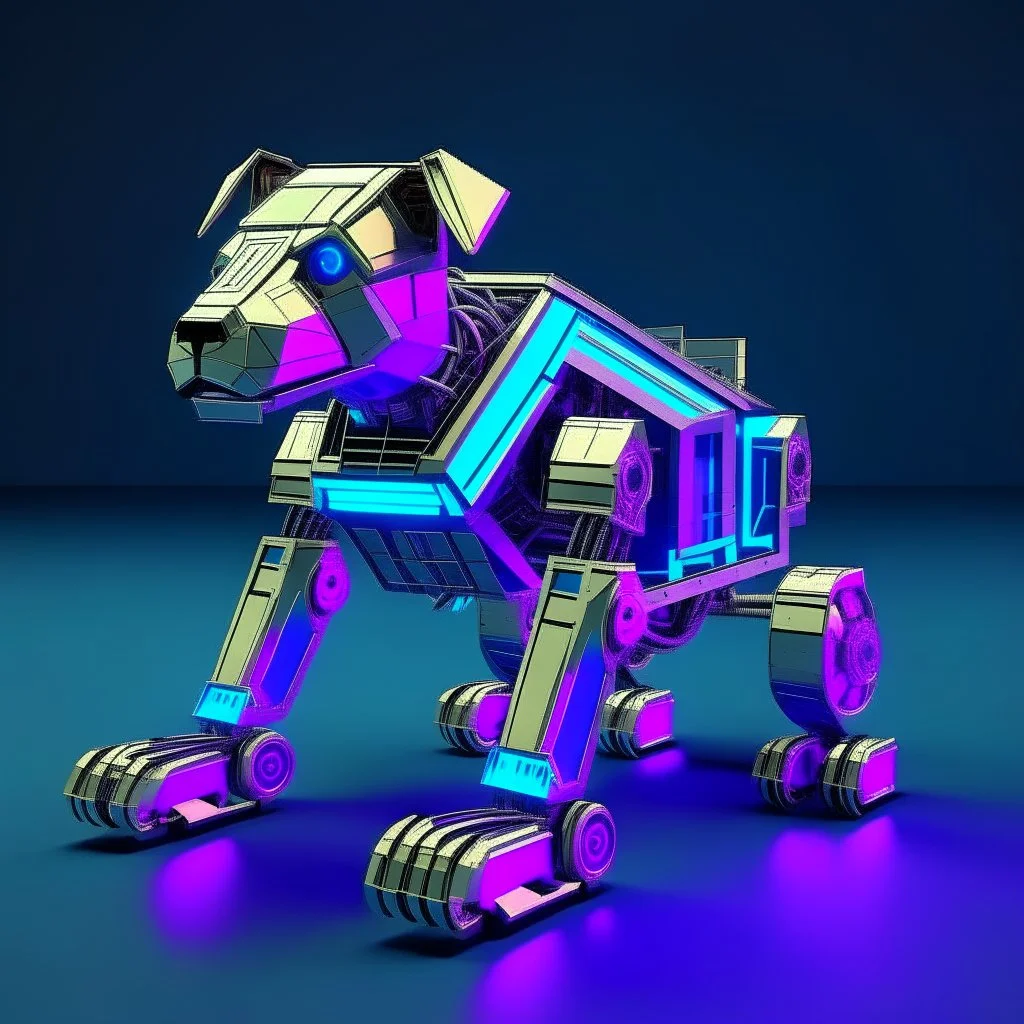 Doctor Who K-9 Robot Dog on wheels, Vaporwave design, metalic, blocky dog, Virtual.