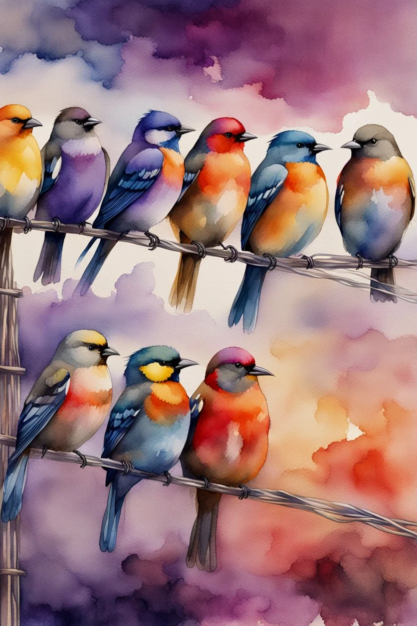 A captivating watercolor illustration featuring six exquisitely rendered birds perched gracefully on a wire. Each bird exhibits a unique color palette, from the rich browns and grays to the bold blues, reds, and yellows, culminating in the enchanting purple hue. The composition emphasizes the birds' side profiles, creating a dynamic visual effect. Their vibrant plumage beautifully contrasts against the pristine white background, resulting in a harmonious blend of nature and color that captivates