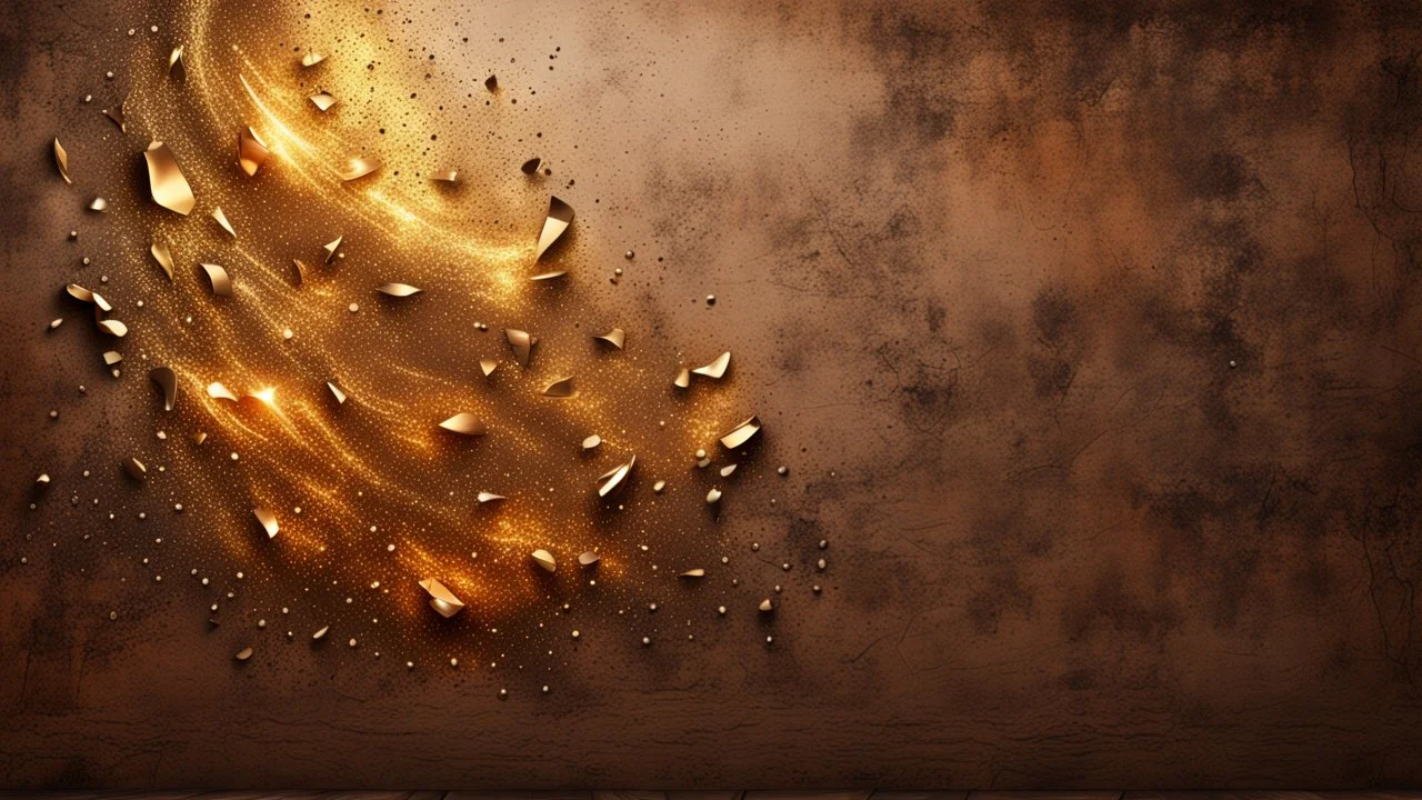 Hyper Realistic glowing-golden-texture-with-embers on brown-rustic-wall-background with shadows