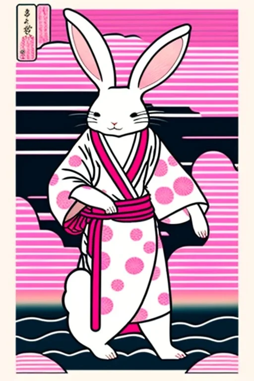 ukiyo-e style print of a white rabbit with a human body wearing a soft pink yukata and walking by the sea