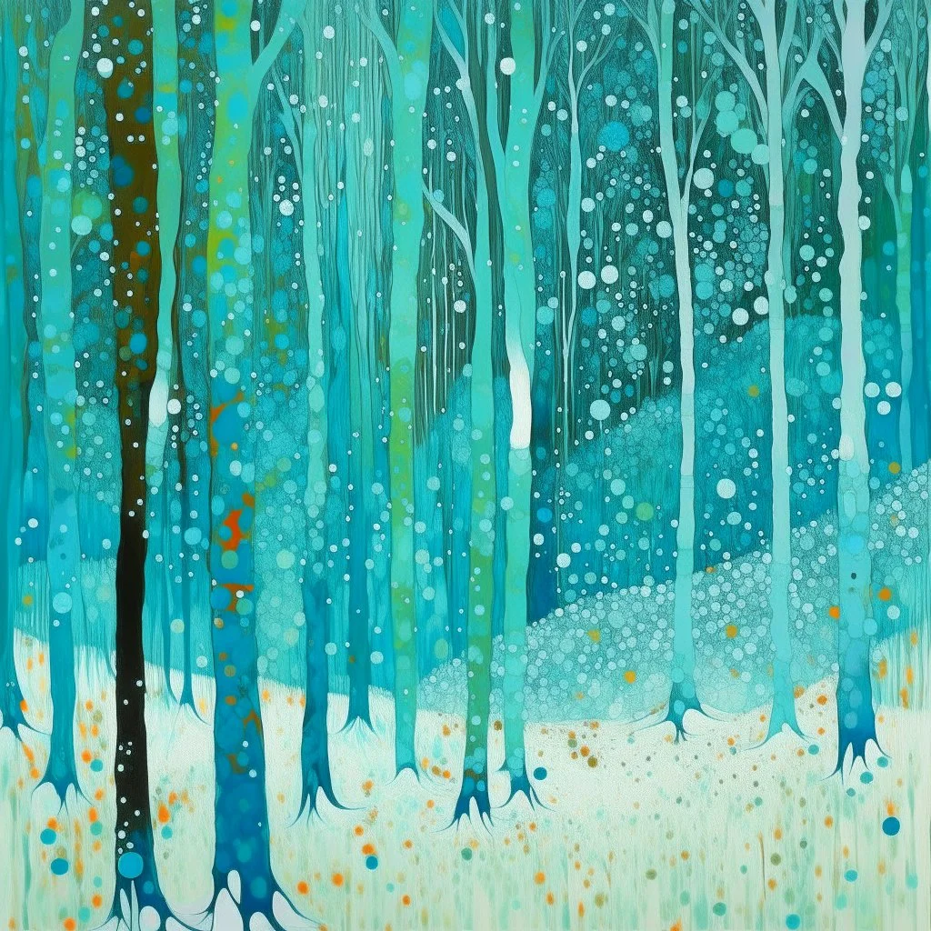 A cyan winter forest with falling snowflakes painted by Gustav Klimt