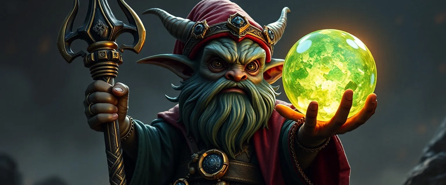 dark dwarf gremlin sceptre mining expert expert holding up a radiant Painite crystal rosette ball