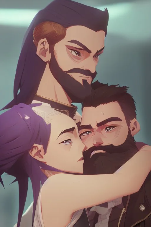 Anime man with beard, handsome and happy, holding wife. Romantic and in love