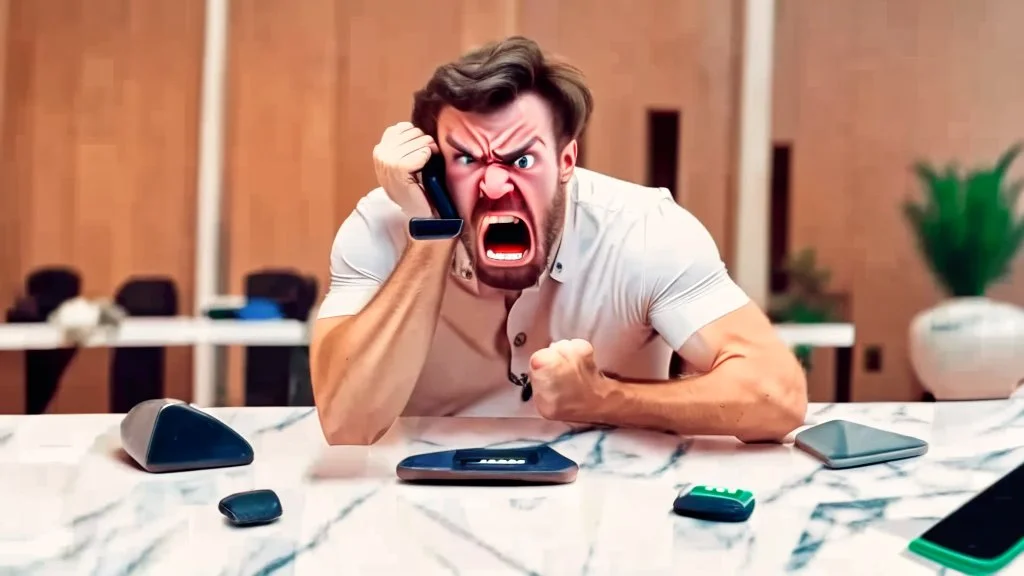 angry guy on phone at missing tabletop next to marble tabletop