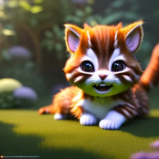 pixar style, volumetric garden environment and background, realistic painting of a cute midget marmalade kitten laying on the ground, looking excited, detailed digital painting, extreme dense and fine fur, anime, ornate, colour-washed colors, elegant, small minutiae, tiny features, particulars, centered, smooth, sharp focus, renderman gofur render, 8k, uhd, detailed eyes, realistic shaded volumetric lighting, sunlight caustics, backlight, centered camera view