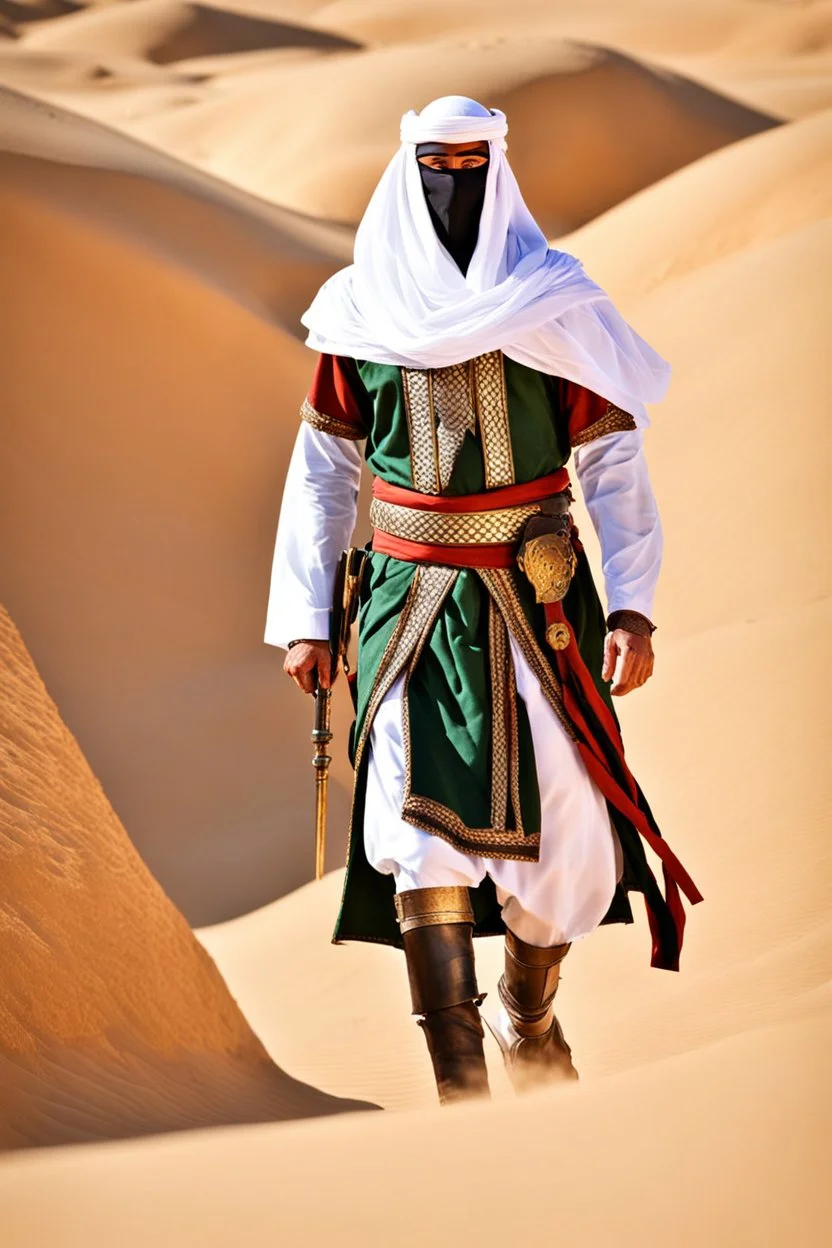 Photography Misteryous warrior Arabian Palestine Man with masking and armor warframe traditional dress ,Walking alonely on desert