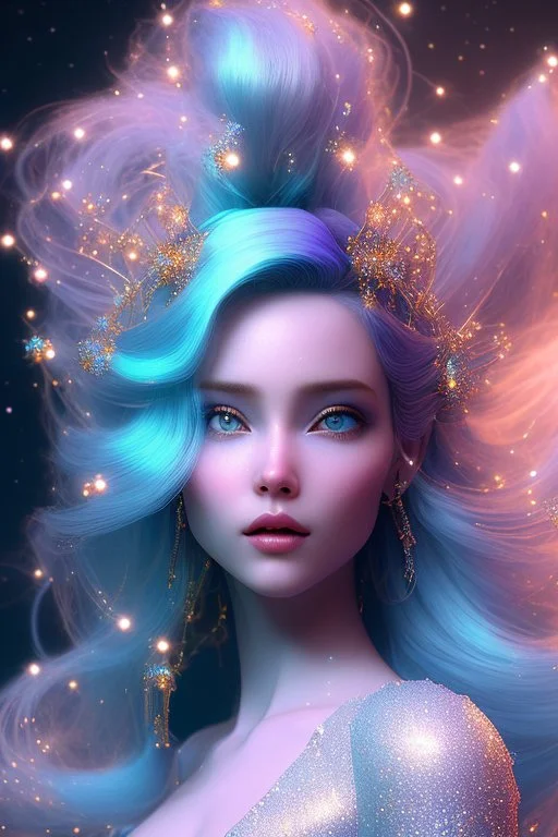 woman glitter blue fairy in a galactic ambiance, long blue hair, detailed gorgeous smile, delicate colors in the foreground, full of details, smooth, light effect，vaporwave colorful, smooth, extremely sharp detail, finely tuned detail, ultra high definition, 8 k, unreal engine 5, ultra sharp