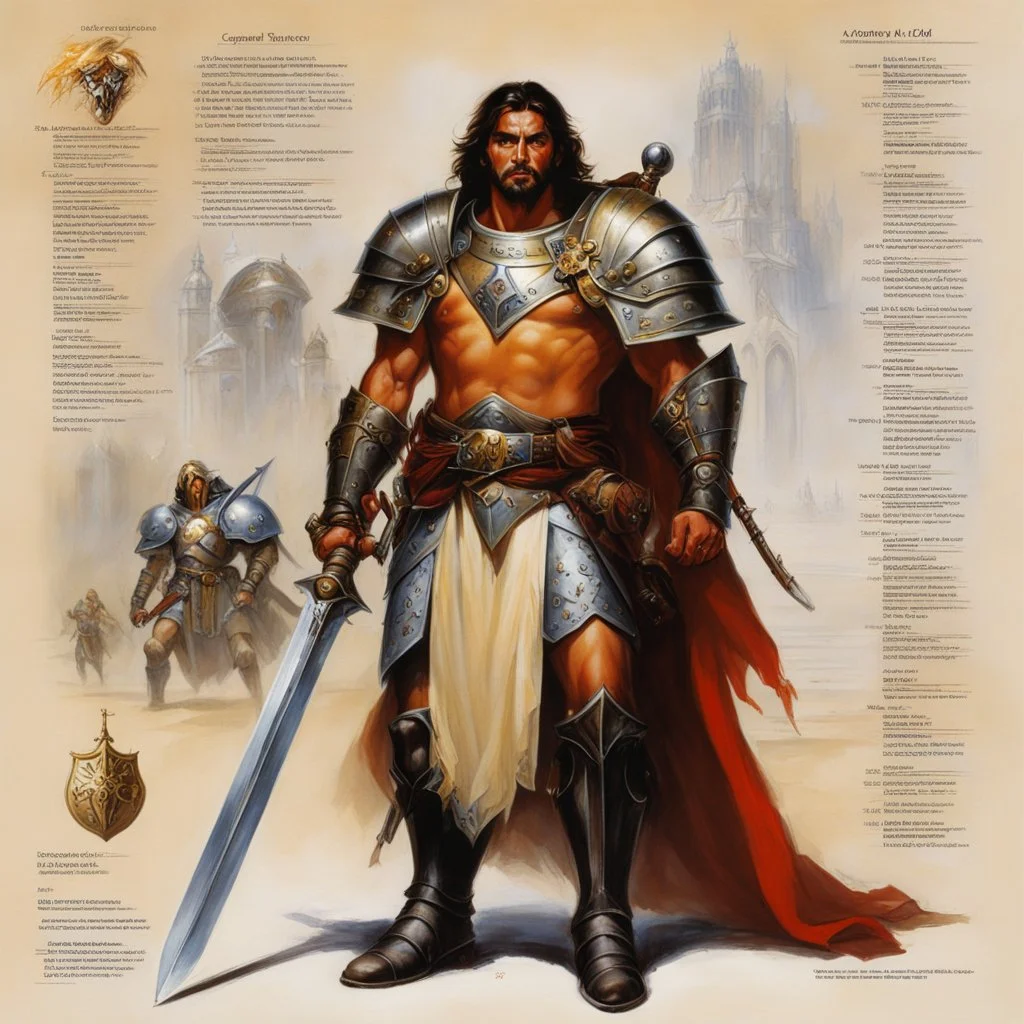 ConceptSheet [by Boris Vallejo]: lawful paladin and his espadon with AD&D statistics