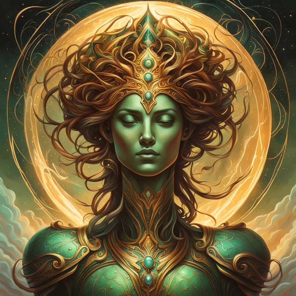 create a haunted disembodied shimmering female entity with highly detailed, sharply lined facial features, , finely drawn, boldly inked, in soft celestial colors, otherworldly, ethereal, and majestic in the style of Peter Mohrbacher