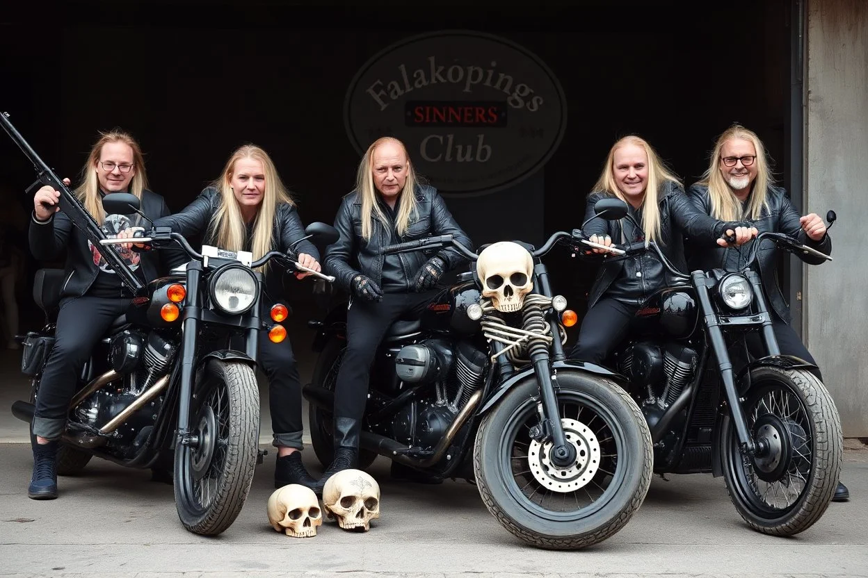 a very hard and tuff motorcycle young gang with long blond viking hair, not old, posing with their Harley Davidsson bikes, some of them holding guns and shotguns, a logo sign with Falköpings HD Club, "Fearless sinners" Skulls and bones, skeletons