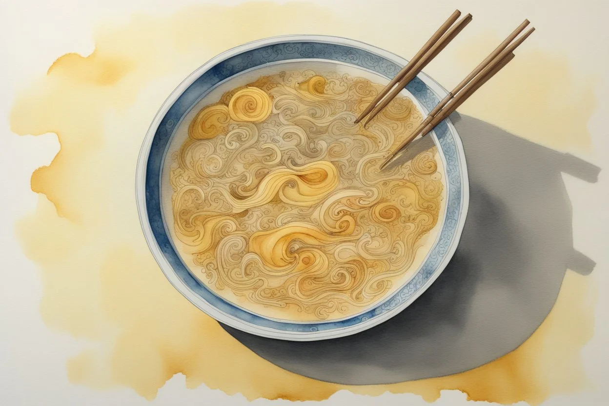 chinese curly soup, watercolor and ink, in sunshine, golden glitters