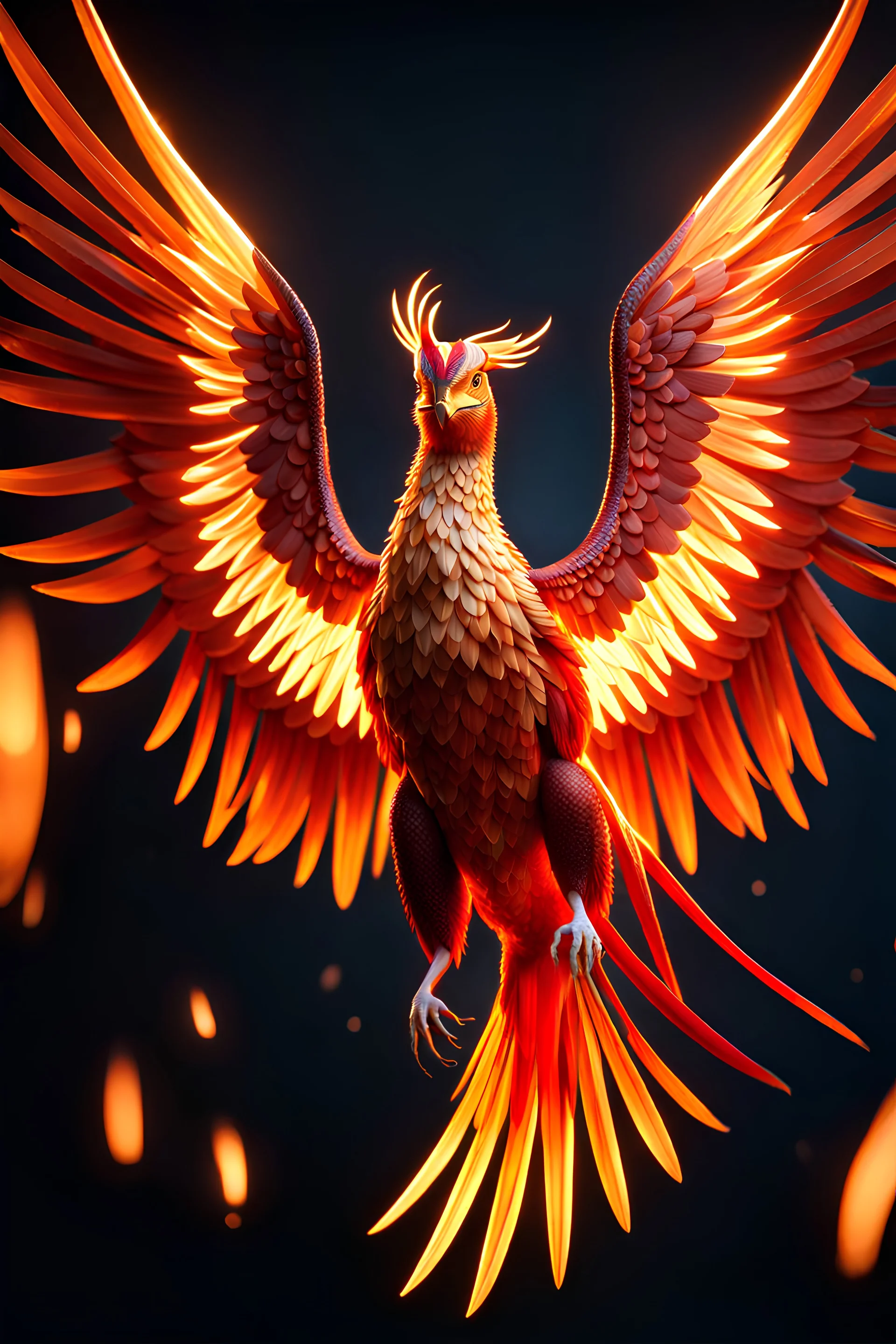 phoenix bird with flaming wings, Cinematic lighting, Volumetric lighting, Epic composition, Photorealism, Bokeh blur, Very high detail, Sony Alpha α7, ISO1900, Character design, Unreal Engine, Octane render, HDR, Subsurface scattering