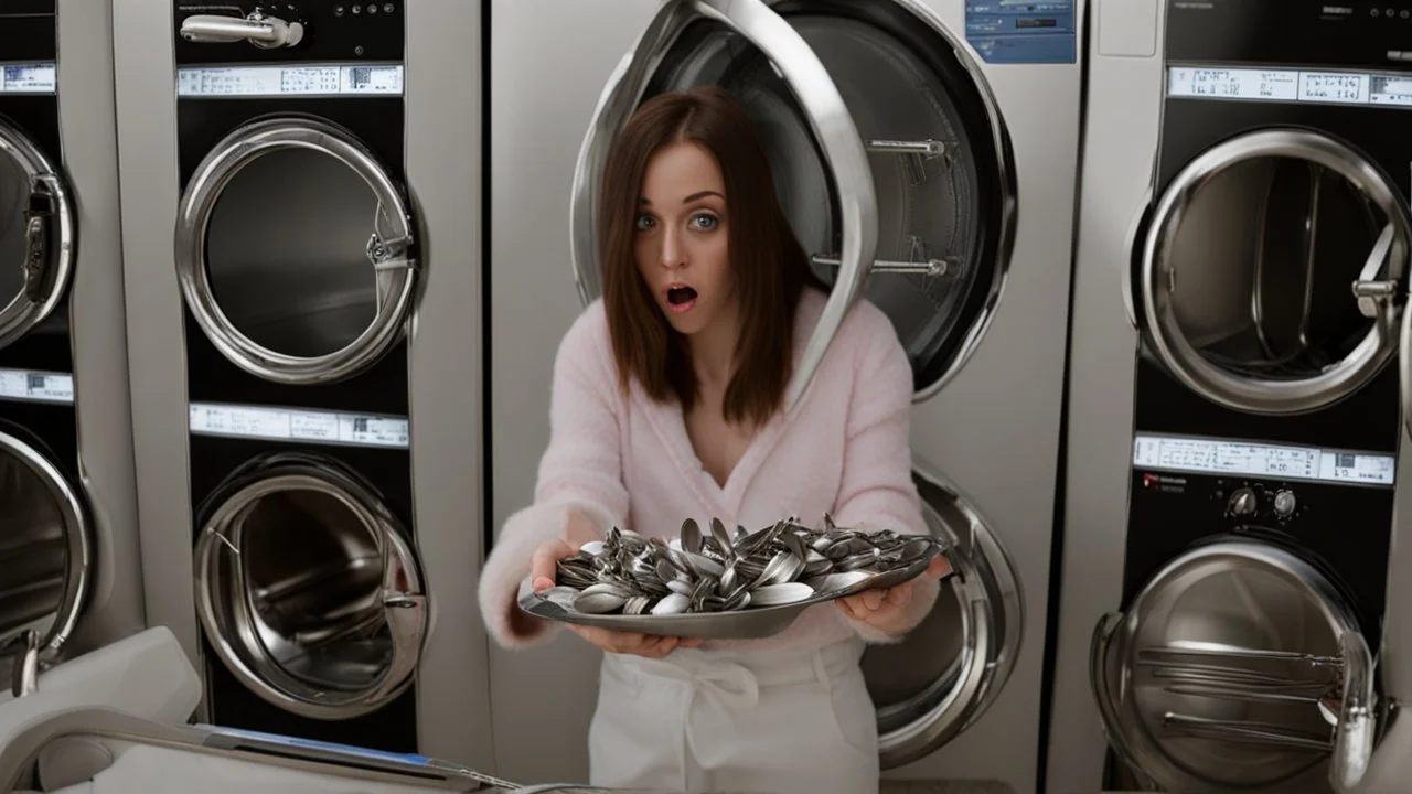 very confused young woman puts many metal spoons in her dryer