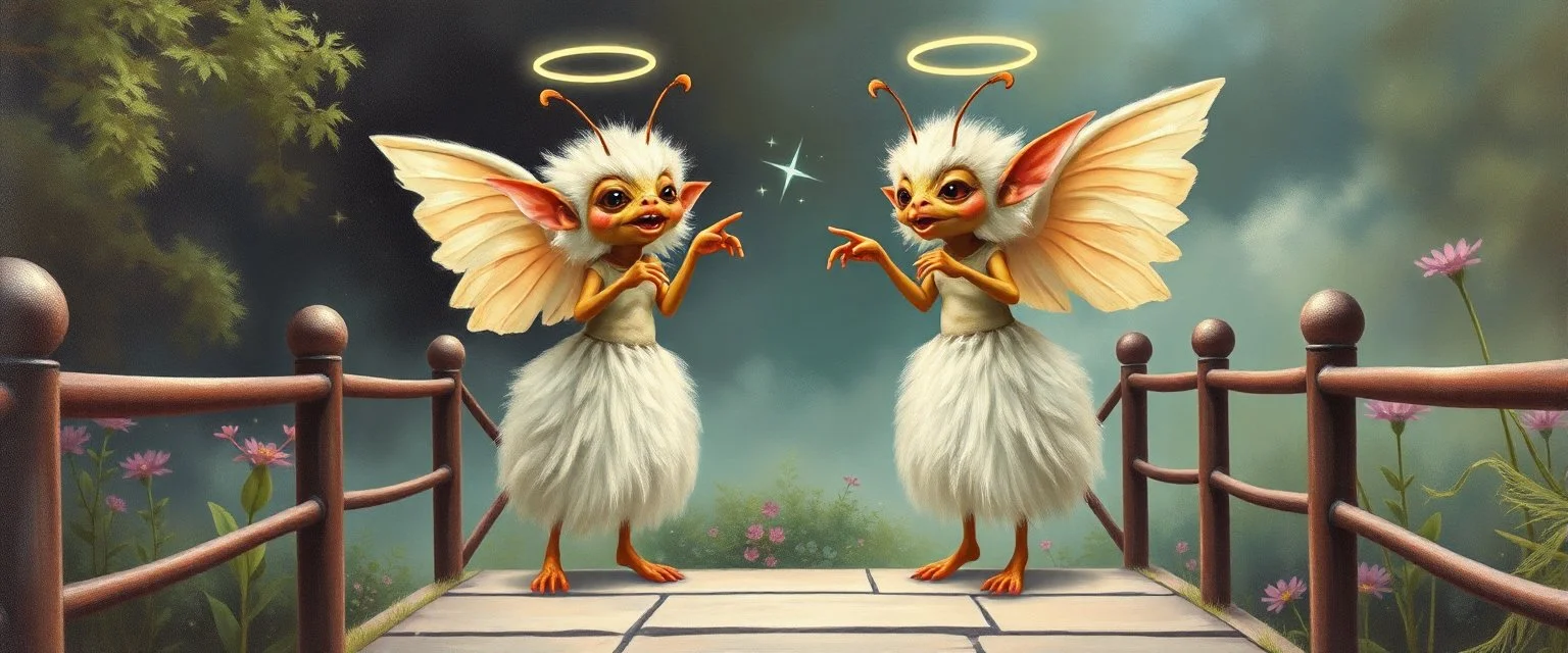 two totally symmetric fluffy angel gremlin slug ant alien nephilim nice cheerleader singing on bridge pointing down in garden , full body portrait T-pose strong aura, oil painting and air brush
