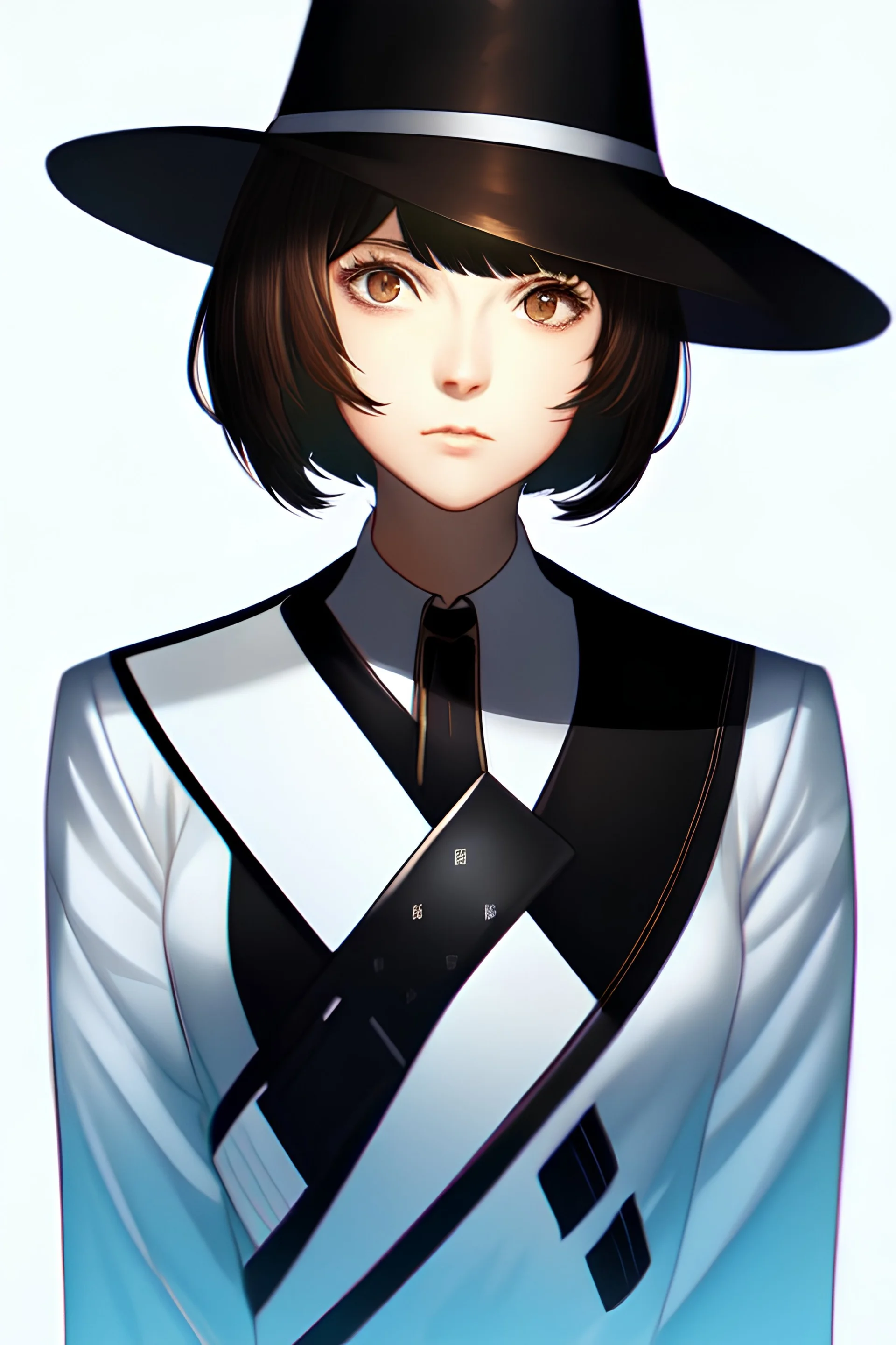 [[extreme stunning photorealistic anime girl Oppenheimer J. Robert]] :: [[photorealistic brown eyes, brown short hair, head and shoulders portrait, black and white background colors, neutral expression, wearing black and white business suit, black business hat, 8k resolution photorealistic portrait by Yoshiyuki Sadamoto, Kentaro Miura, Naoki Urasawa, lighting, hyperdetailed, intricately detailed]]