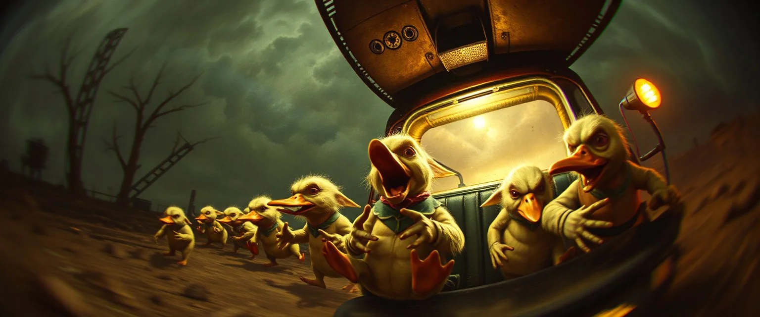 pin hole cam, master oil painting by Rembrandt superrealistic fallout 4,When somebody listens to everything you say but still is an asshole testicle duck goblins. hodenkobolds on the run, in fast lorry, motion blur, dimensional gate, hill billy mafia drunks