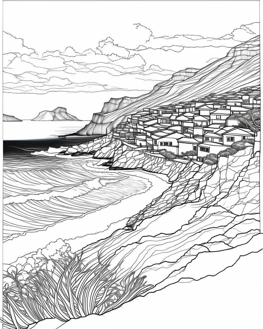 Cape Town, hill, sea coloring pages coloring pages, no color small slim line art