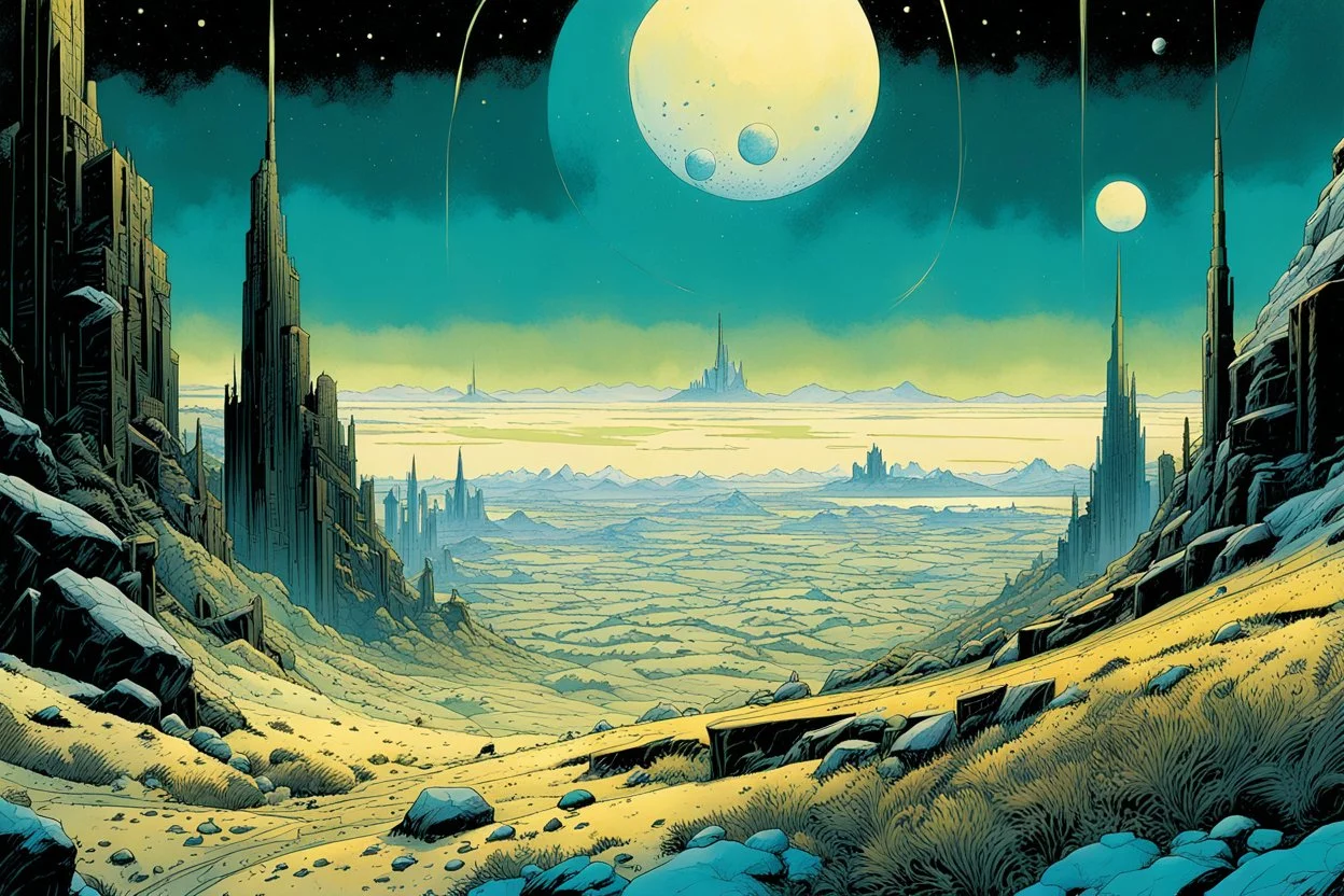 create an ethereal, otherworldly ancient alien city set in a vast tundra wilderness populated with plants and lifeforms utilizing sacred geometry, Fibonacci sequence, golden ratio, in the comic book art style of Mike Mignola, Bill Sienkiewicz, and Jean Giraud Moebius, with highly detailed and finely inked , dramatic natural lighting