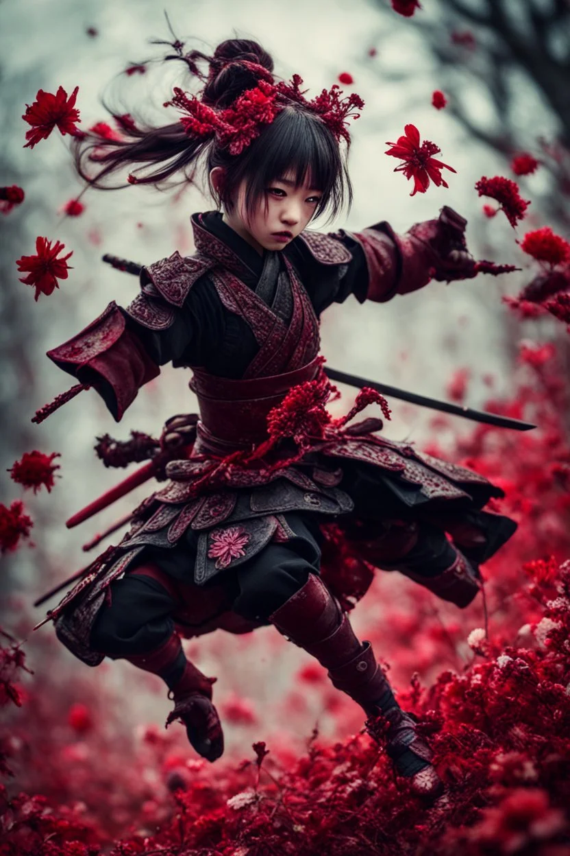 Petit girl samurai, falling pose, fullbody, iridescent, blood, guts, wildflower, intricate, darkred tones, macro photography,