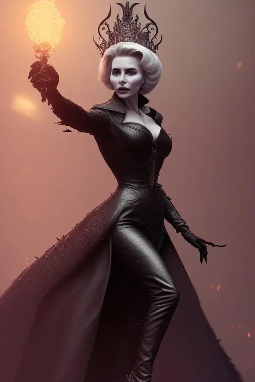 Constance Langdon as evil queen in black leather, leather, busty, cleavage, angry, stern look. character design by cory loftis, fenghua zhong, ryohei hase, ismail inceoglu and ruan jia. unreal engine 5, artistic lighting, highly detailed, photorealistic, fantasy