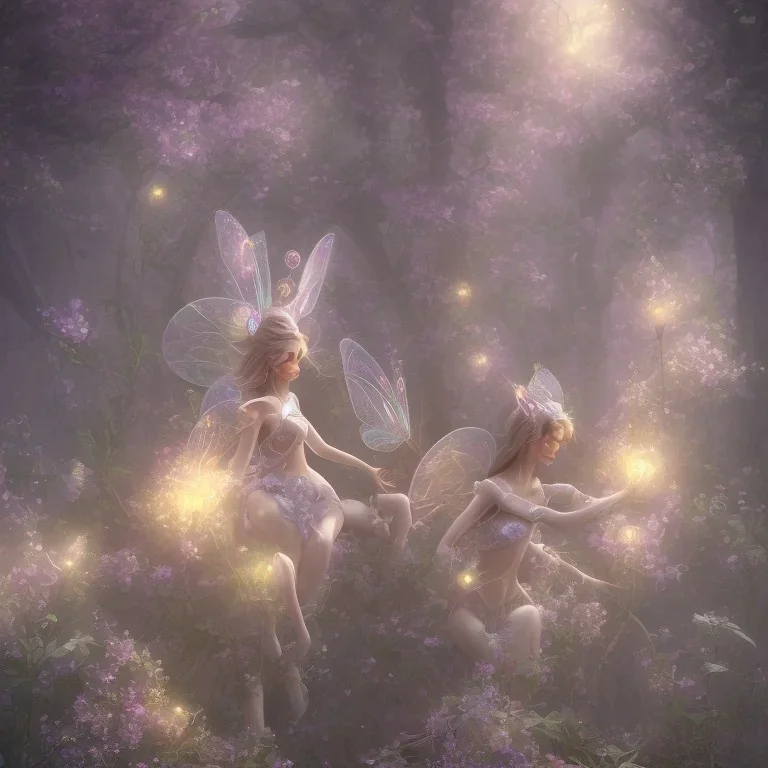 subtle and luminous fairies in magical environnement