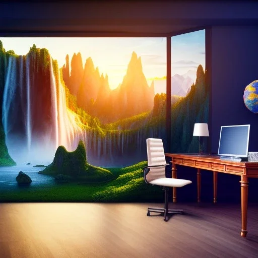 old wood sober house, large desk, parquet, sheet of paper, little pen, office chair in front of a huge picture window with large view on a waterfall with warm light, sunset ,photorealistic, detail, panorama, nature, globe, 8K, Hallelujah mountains, view first person