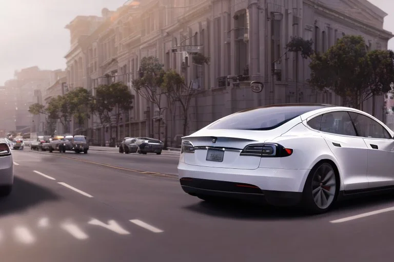 A Tesla 'Model Y' is racing at top speed, on the streets of San Francisco. (CINEMATIC, WIDE ANGLE LENS, PHOTO REAL)