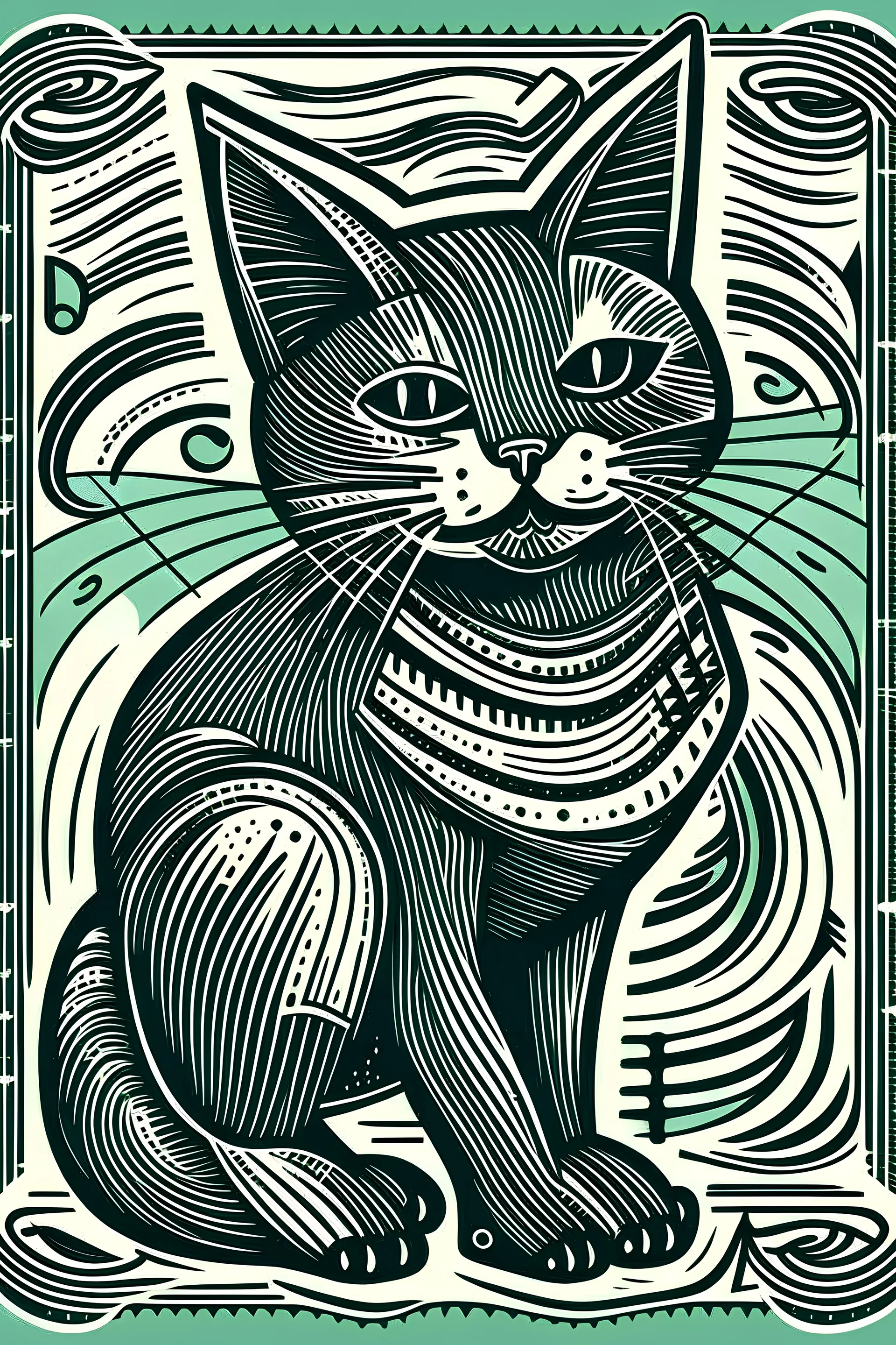 Graphic art linocut style cat with music. Very simple and the cat must be a cartoon