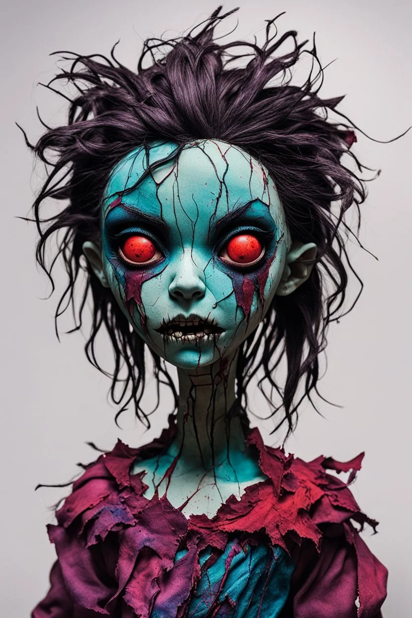 full color, illustration of a dark, menacing, monster girl, as a decayed, broken, crude homemade cloth doll toy, with a narrow cracked porcelain face, thick dark eyebrows, hair made from ragged strips of cloth, in the style of Brom, Alex Pardee, and Masahiro Ito, bold vibrant color