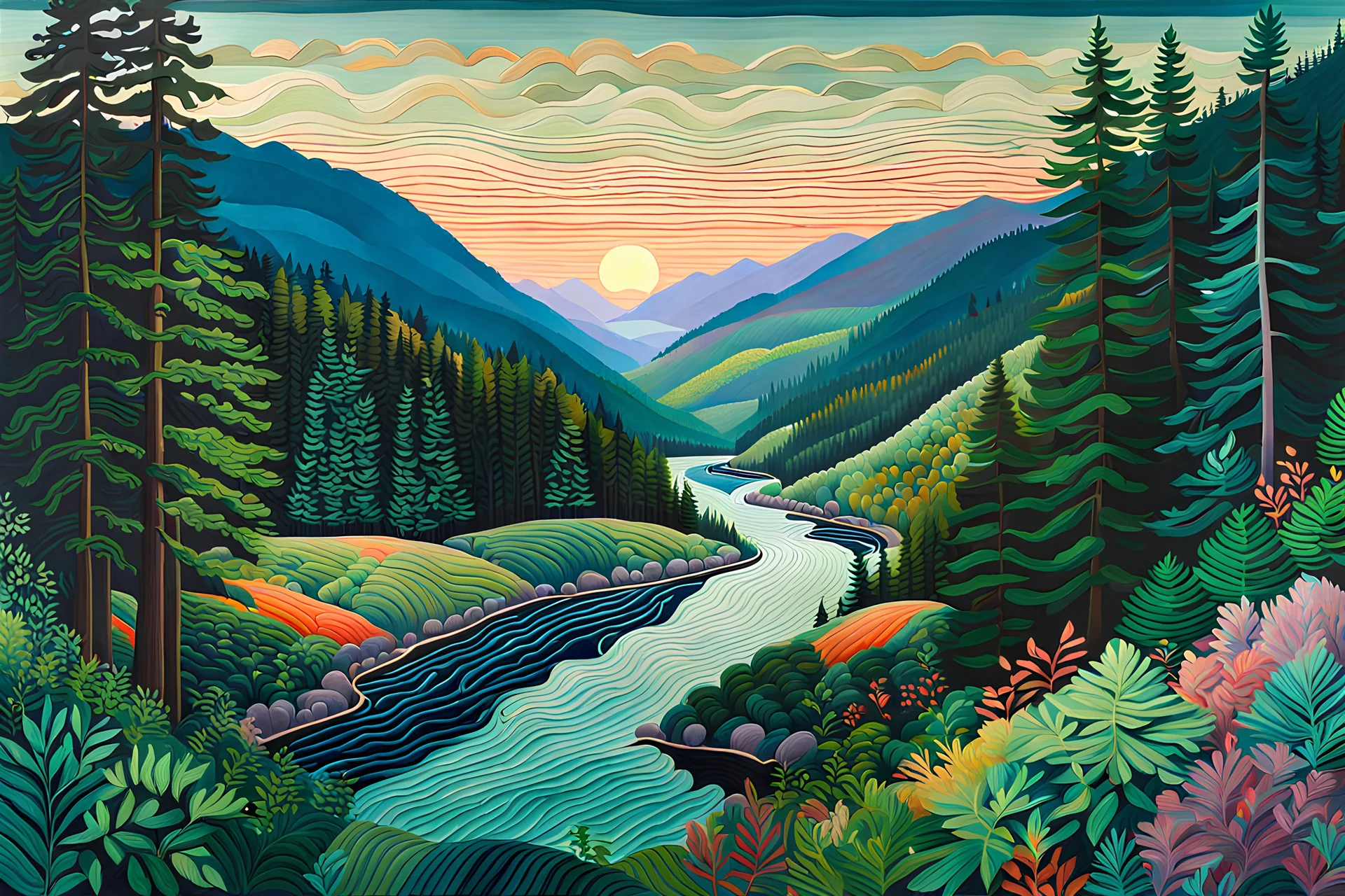 a dramatic, highly detailed painting of a lush Pacific Northwest forested river valley landscape in the pale light of dawn, in the style of David Hockney, and Sam Lewis Francis mixed with random Zentangle patterns, rich natural colors, museum quality masterpiece