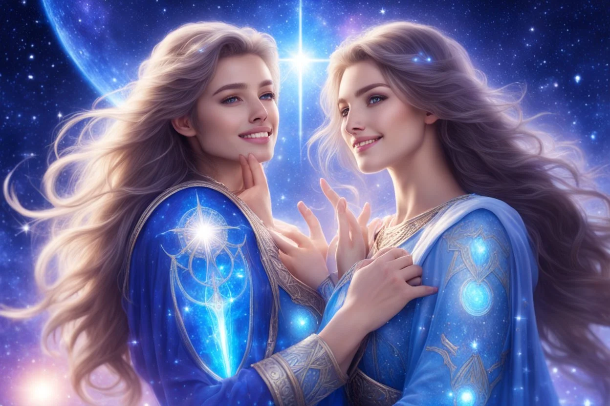 cosmic couple of beautiful women with long hair, light eyes and blue brightness tunic, with a little sweety smile, with his boyfriend as a sweety strong cosmic warrior in peace. in a background of stars and bright beam in the sky