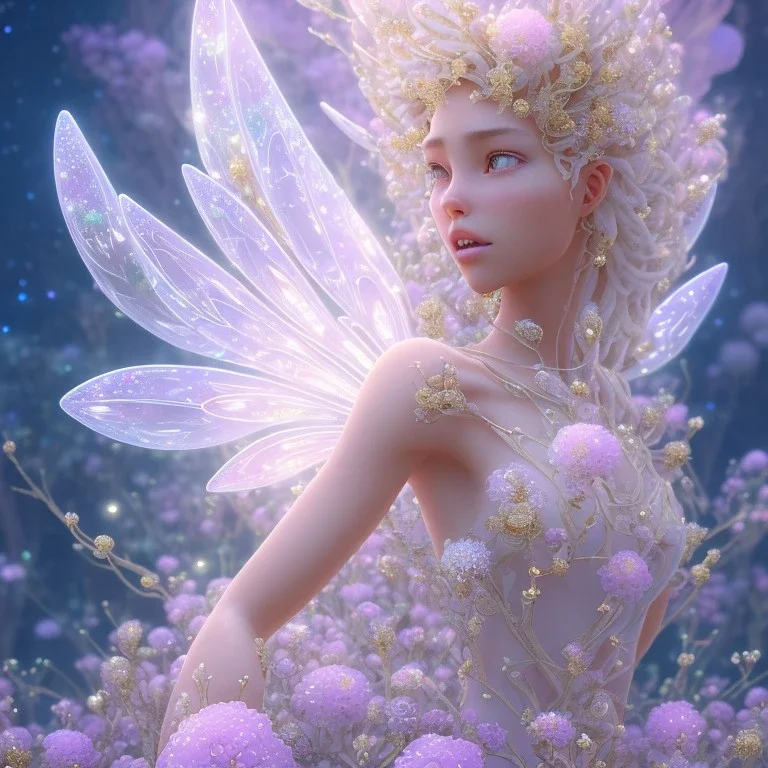 one big crystal subtle flower in a galactic ambiance with a beautiful fairy, transparent petals, delicate colors, in the foreground, full of details, smooth，soft light atmosphere, light effect，vaporwave colorful, concept art, smooth, extremely sharp detail, finely tuned detail, ultra high definition, 8 k, unreal engine 5, ultra sharp focus