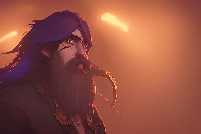 boisterous braided long haired bearded tall man wearing gold rings and long fur trimmed merchant's coat, dark background, dynamic lighting, full body character design, glowing eyes