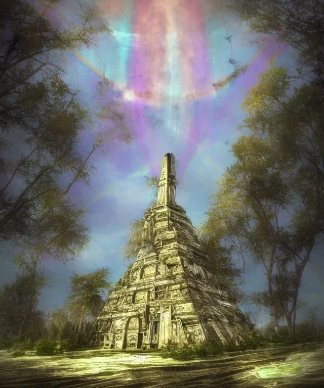 Seraphic angelic holy tower pagoda mothership starship photorealistic colorful rainbow sky massive tree canopy light beams birds flying futuristic rusty destroyed mechanical astral one ghosts poltergeist haunt mechwarrior transformer ninja samurai sword gundam alien abandoned wreckage in old battlefield blast crater on the lunar surface ancient pyramid temple urban ruins trees plants vines ferns palms