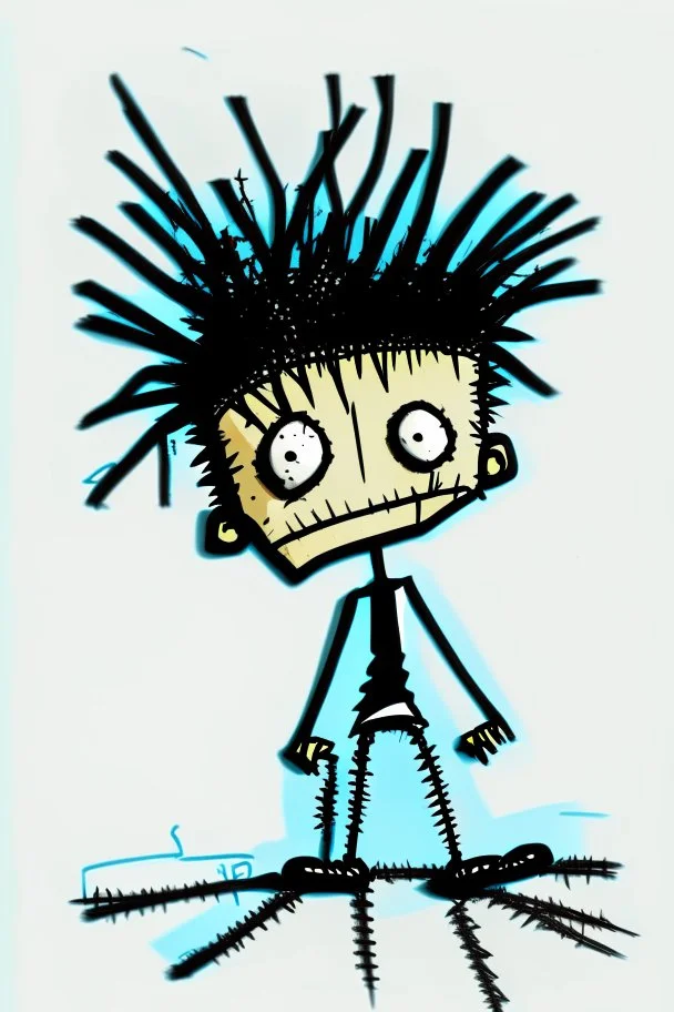 2d drawing of a stickman, cool with punk hair, x eyes like in hangman, laying flat on stomach,backside view,3d realistic in colour