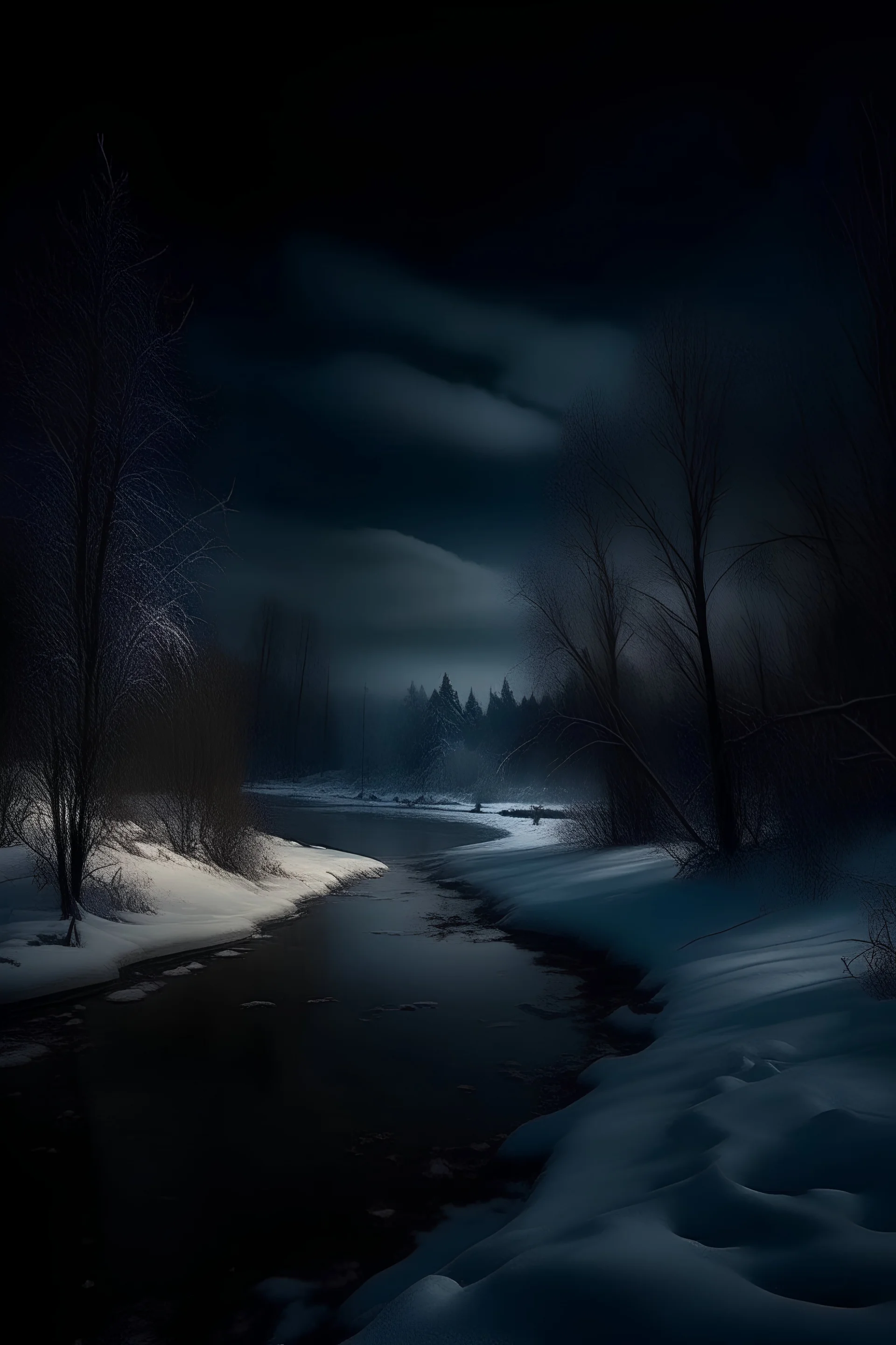 Winter landscape at night. by Richard Augustus Zimmermann cinematic dramatic hd hig hlights detailled real wide and depth atmosphere