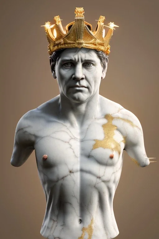 Ultra Realistic image, classic sculpture, white marble material, Maradona, gold crown of natural thorns, god crown, gold veins, gold ornaments, sun rays background, waist up portrait, epic, celestial, cinematic lighting, God lights, 4k resolution, smooth details, soft lighting, unreal engine 5, art station, substance 3d.