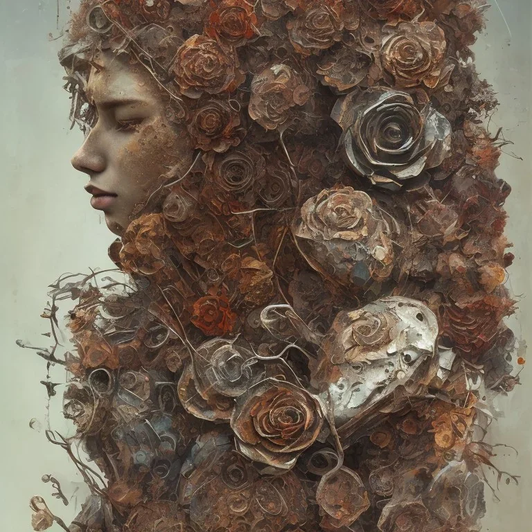 an abstract painting of rusted metal and flowers, portrait, rust, scaffolding, iron cladding, decay, mixed media, textured, anatomically correct, beautiful perfect face, sharp focus, highly detailed