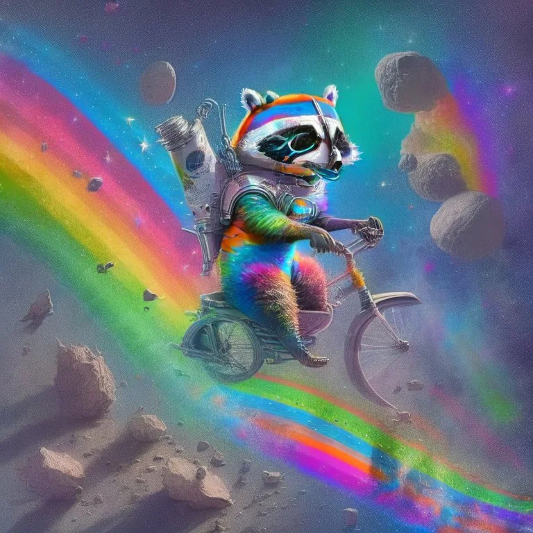 A raccoon astronaut riding a rainbow bike on a mission to gather space trash, jumping over asteroids as he goes.